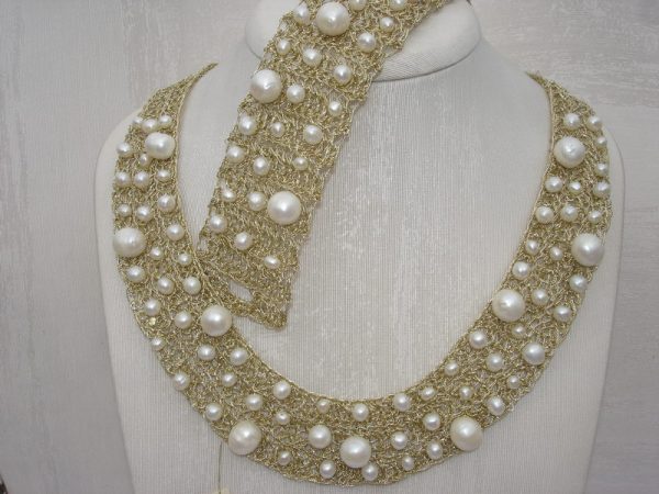 Crochet Necklace Silver and Silk Threads with Natural Pearls