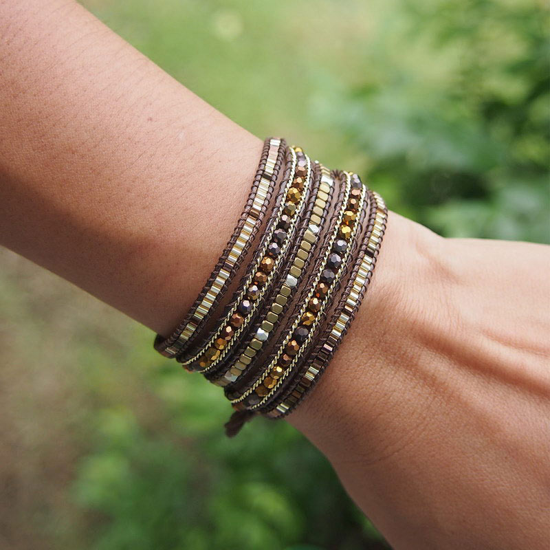 Brown & Gold wrap bracelet with Gemstones and Crystals